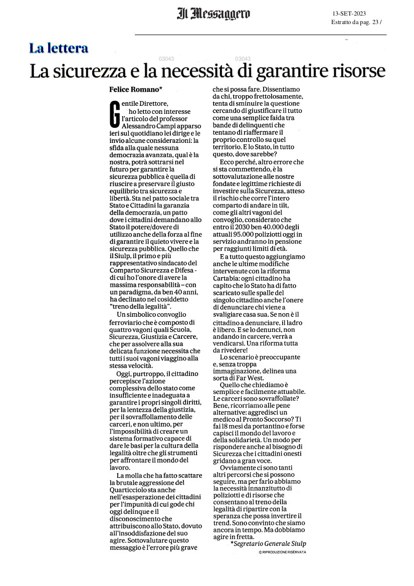 Sicurezza percepita: Felice Romano sulle pagine de Il Messaggero